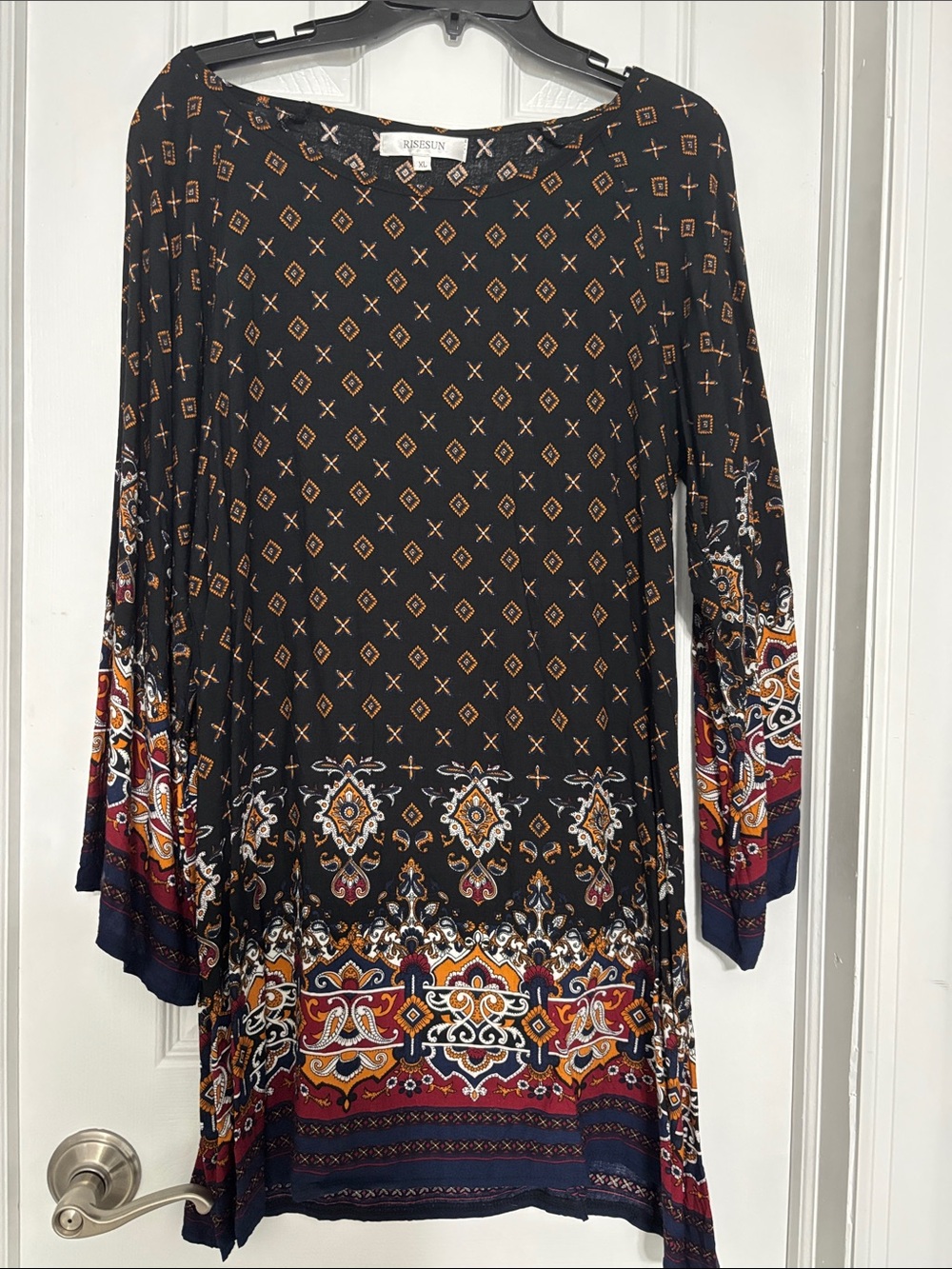 Irresistible Printed Long Sleeve Shift Dress — Black with Rust & Navy Accents